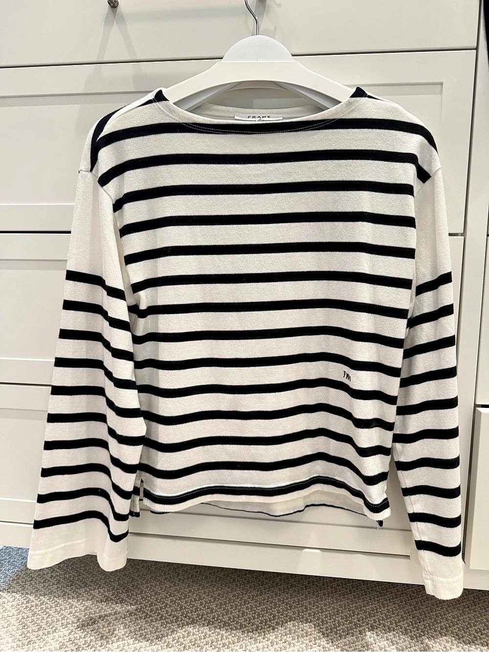 FRAME The Striped Gather Sweater Long Sleeve Top White & Black XS